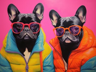 Fototapeta premium Two stylish French Bulldogs wearing colorful jackets and oversized sunglasses against a vibrant pink background