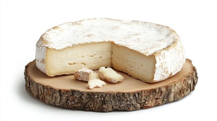 Delicious creamy cheese wheel sliced on a rustic wooden board with a clean white background