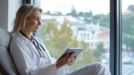 Fototapeta premium Contemplative Doctor: A female doctor, relaxed and thoughtful, sits by a large window, holding a tablet, gazing out at a cityscape.