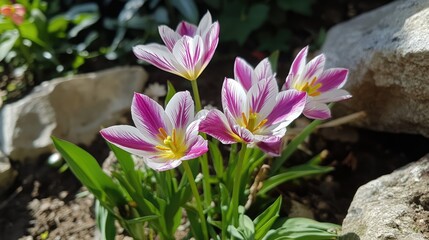 Fototapeta premium Vibrant pink and white tulip flowers blooming in a serene garden setting surrounded by lush greenery and natural stones.