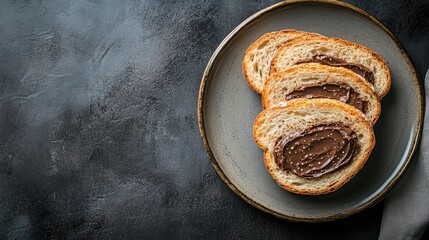 Toasted bread slices spread with chocolate hazelnut cream on a dark plate Healthy snack or breakfast idea top view on textured background