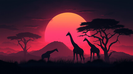 A vibrant savanna sunset with giraffes silhouetted against the glowing horizon.