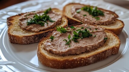 Toasted bread slices with homemade chicken liver pÃ¢tÃ© topped with fresh herbs on a white plate