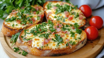 Toasted bread topped with melted cheese, prosciutto, arugula, and garnished with cherry tomatoes and fresh parsley on wooden platter