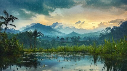 Fototapeta premium Tranquil landscape with rain-soaked mountains and lush greenery reflecting in water after a stormy rainy season