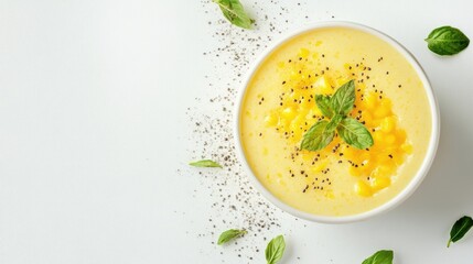Delicious tapioca pudding topped with fresh mango puree and mint leaves on a minimalist white background