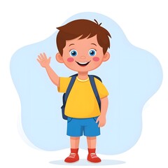 Obraz premium a little boy with a smile with school bag, yellow t-shirt 