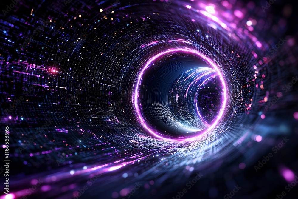 Poster hypnotic flow of illuminated particles within a futuristic digital metropolis featuring pulsing arch