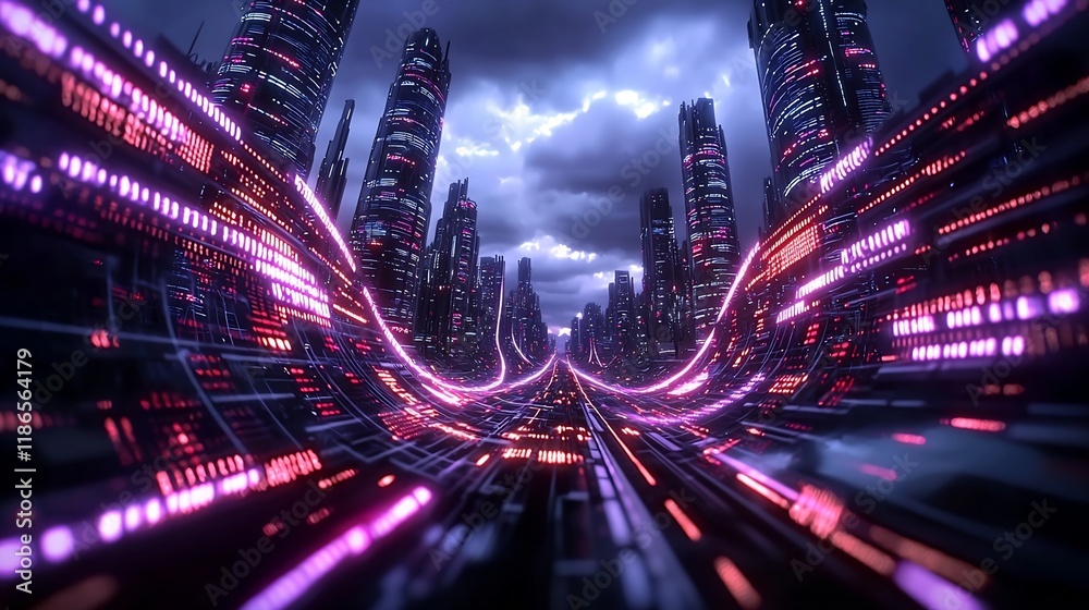 Poster hypnotic patterns of light and data intertwining to create a dazzling abstract cityscape