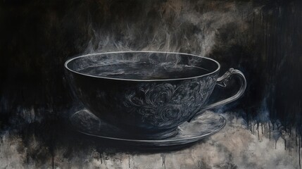 Steaming dark tea in an ornate cup on saucer.