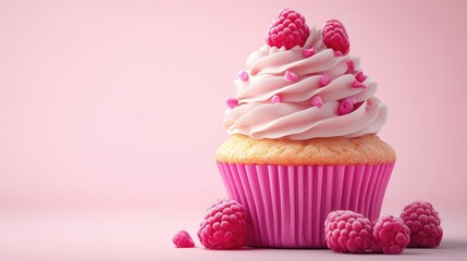 Delicious raspberry topped cupcake with pink cream on pastel backdrop for sweet dessert and bakery thematic advertising