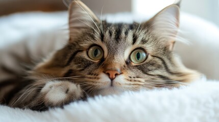 Curious Cat Relaxing on Soft Blanket with Focused Eyes and Playful Expression