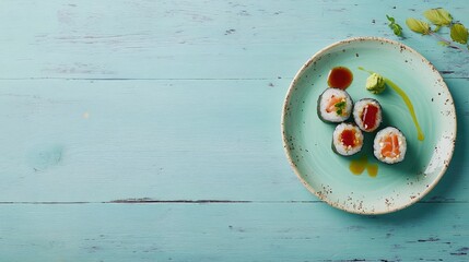 Sushi plate with wasabi and sauce on blue wooden background offering text space for culinary or food promotions