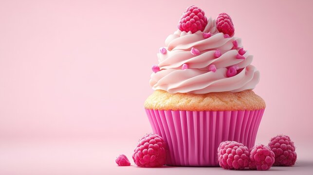 Delicious raspberry topped cupcake with pink cream on pastel backdrop for sweet dessert and bakery thematic advertising