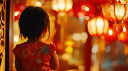 Little Girl Admires Festive Chinese Lanterns
