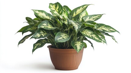 Fototapeta premium Lush tropical houseplant in a decorative flower pot with variegated leaves isolated on a clean white background