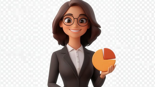 3D cartoon illustration of an angled view close-up shot of a female financial advisor holding a pie chart, smiling, looking at the camera isolated on a white transparent background illustration