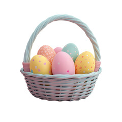 Cute cartoon 3D render of blue basket with pastel colored decorative Easter eggs.