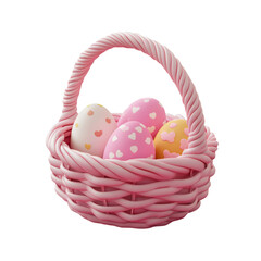 Cute cartoon 3D render of pink basket with pastel colored decorative Easter eggs.