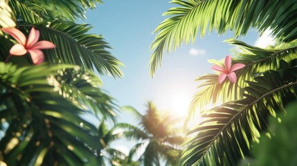 Fototapeta premium Lush tropical foliage with pink flowers basking in bright sunlight under a clear blue sky conveying a serene island paradise ambiance
