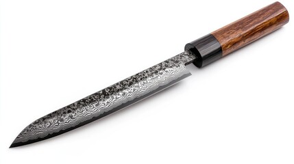 Japanese chef knife with expert craftsmanship showcasing Damascus steel blade and elegant wooden handle for professional culinary use