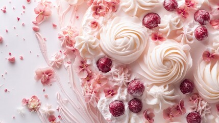 Delicate berry meringues adorned with pink blossoms on a soft white background showcasing a delightful dessert arrangement