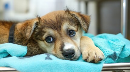 Stray puppy in need of immediate medical attention resting on a veterinary examination table
