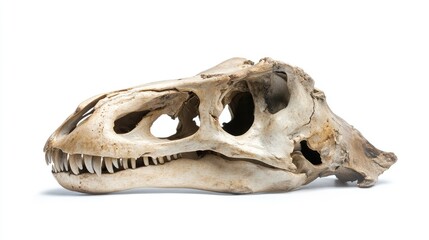 Naklejka premium Predatory dinosaur skull fossil isolated on white background showcasing paleontological significance and ancient wildlife features