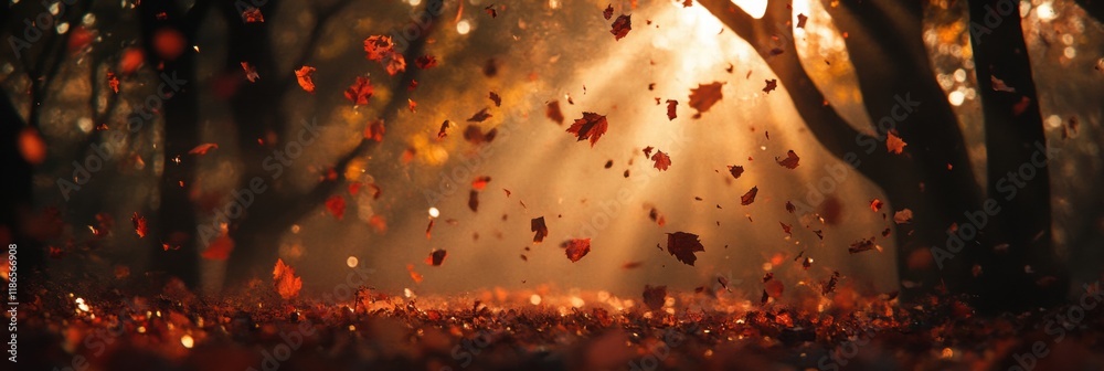 Leinwandbilder colors of autumn as leaves fall gracefully in a tranquil forest with sunlight filtering through tree