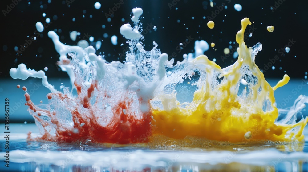 Poster dynamic splash of colorful liquids demonstrating rapid motion and high-speed event in a controlled e
