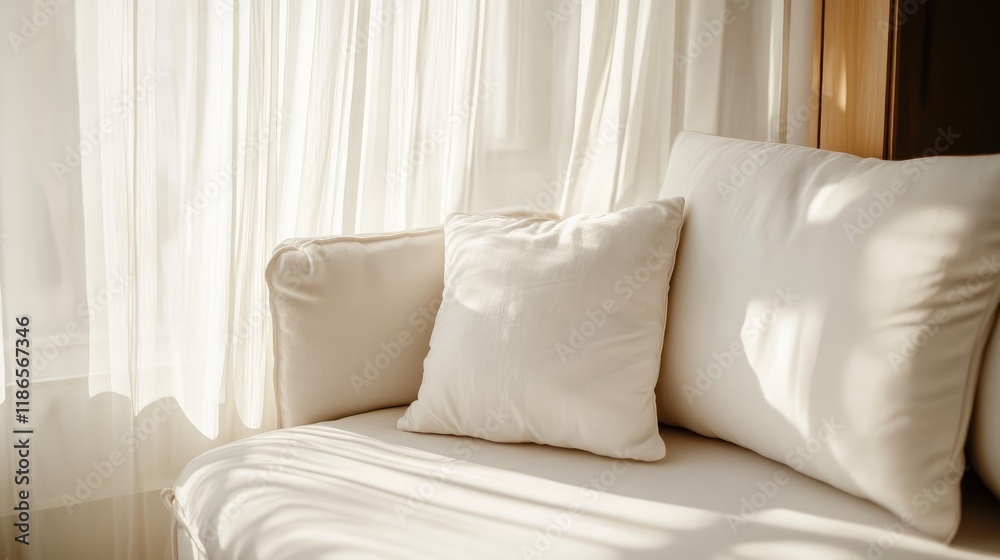 Poster minimalist living space featuring a white sofa with cushions highlighted by soft natural light and w