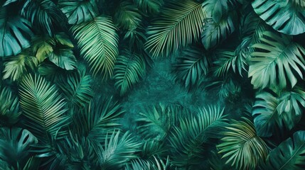 Aerial view of lush tropical forest foliage with vibrant green leaves creating a serene natural background for design or advertising use