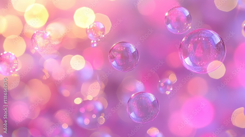 Poster Colorful Abstract Soap Bubble Background with Soft Blurry Lights and Bokeh Effect in Vivid Pink and Purple Palette