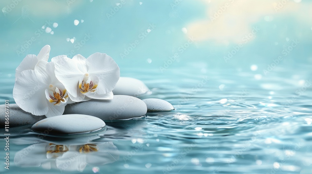Poster tranquil water with white spa stones and orchids creating a serene wellness atmosphere for relaxatio
