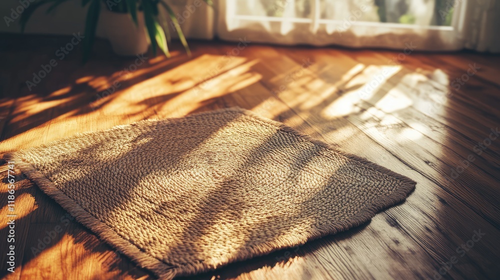 Aufkleber vintage hipster style image showcasing mats on a sunlit wooden floor with soft shadows and warm ligh