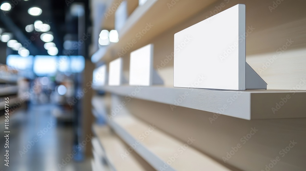 Poster Empty white signboard display on shelf in modern store for advertising products with blurred background and soft lighting effects