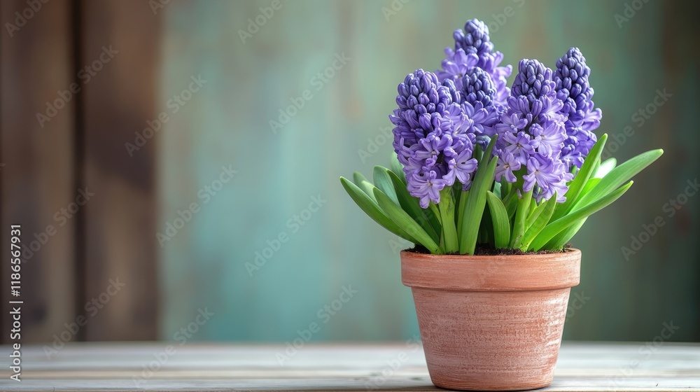 Poster blooming violet hyacinths in a rustic pot with lush green leaves on a wooden table against a serene 