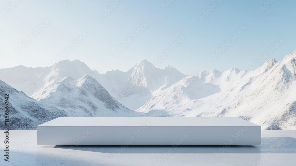 Aufkleber Minimalist White Display Platform with Snowy Mountain Range Background for Product Packaging and Advertising 3D Visualization