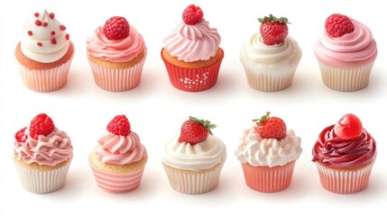 Delicious assorted cupcakes with fresh berries displayed on a white background for culinary and dessert themed projects