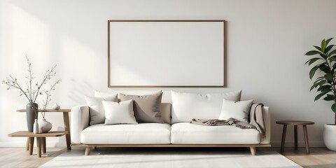 A minimalist living room with a large wooden frame on the wall, a beige sofa with white cushions, and a wooden coffee table