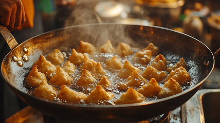 Close up of crispy samosas fried in large pan generated.AI