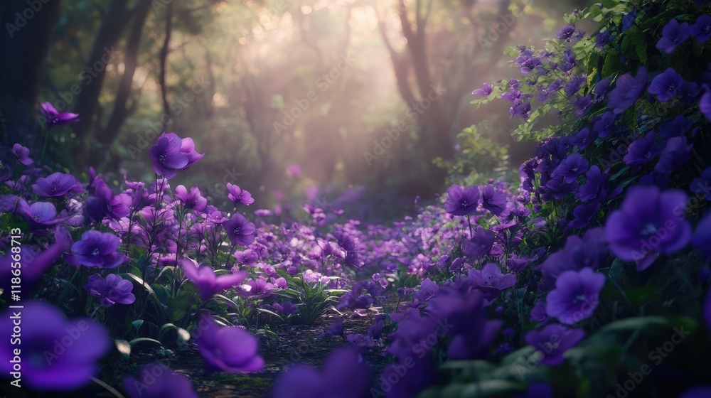 Poster Enchanting violet flower garden in serene woodland setting with soft sunlight filtering through trees creating a magical atmosphere