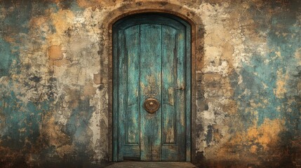 Rustic vintage door with weathered blue paint against an aged textured wall showcasing rustic charm and historical character