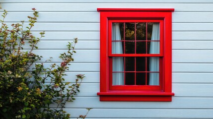vintage house exterior featuring a bright red window surrounded by lush greenery and rustic charm on a serene background