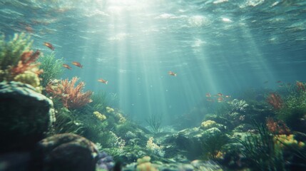 Sunbeams illuminate vibrant underwater coral reef scene with colorful fish.