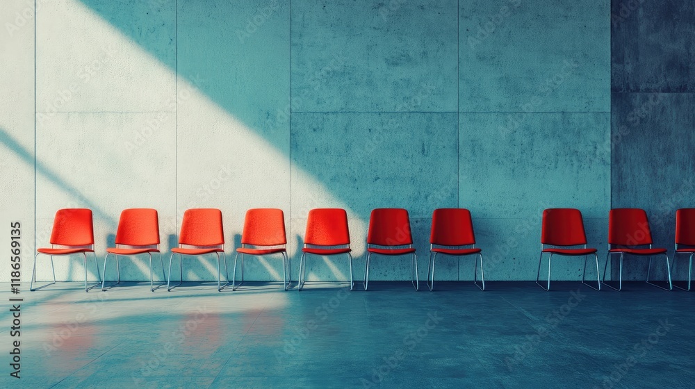 Poster modern conference space with minimalist design and empty red chairs on concrete wall background