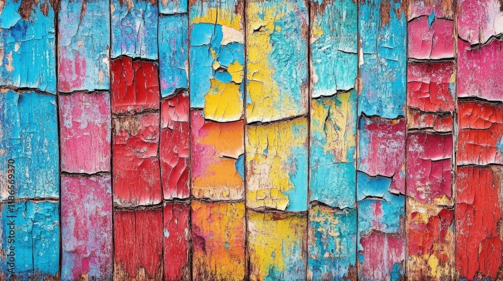 Poster weathered painted wooden planks with vibrant colors and cracked texture suitable for rustic backgrou
