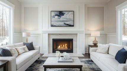 Fototapeta premium Elegant Living Room with Fireplace and Seascape Artwork