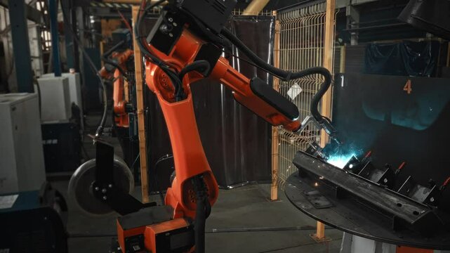Automatic welding of steel parts using a robotic arm. Robotization and automation of production, to increase productivity at the enterprise.