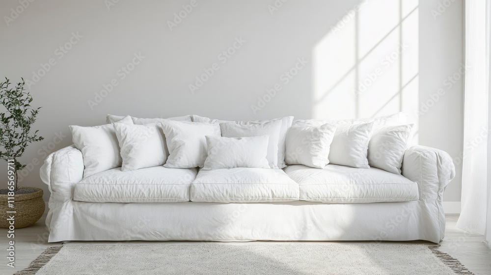 Aufkleber minimalist white sofa adorned with plush pillows in a bright room featuring soft rug and greenery fo